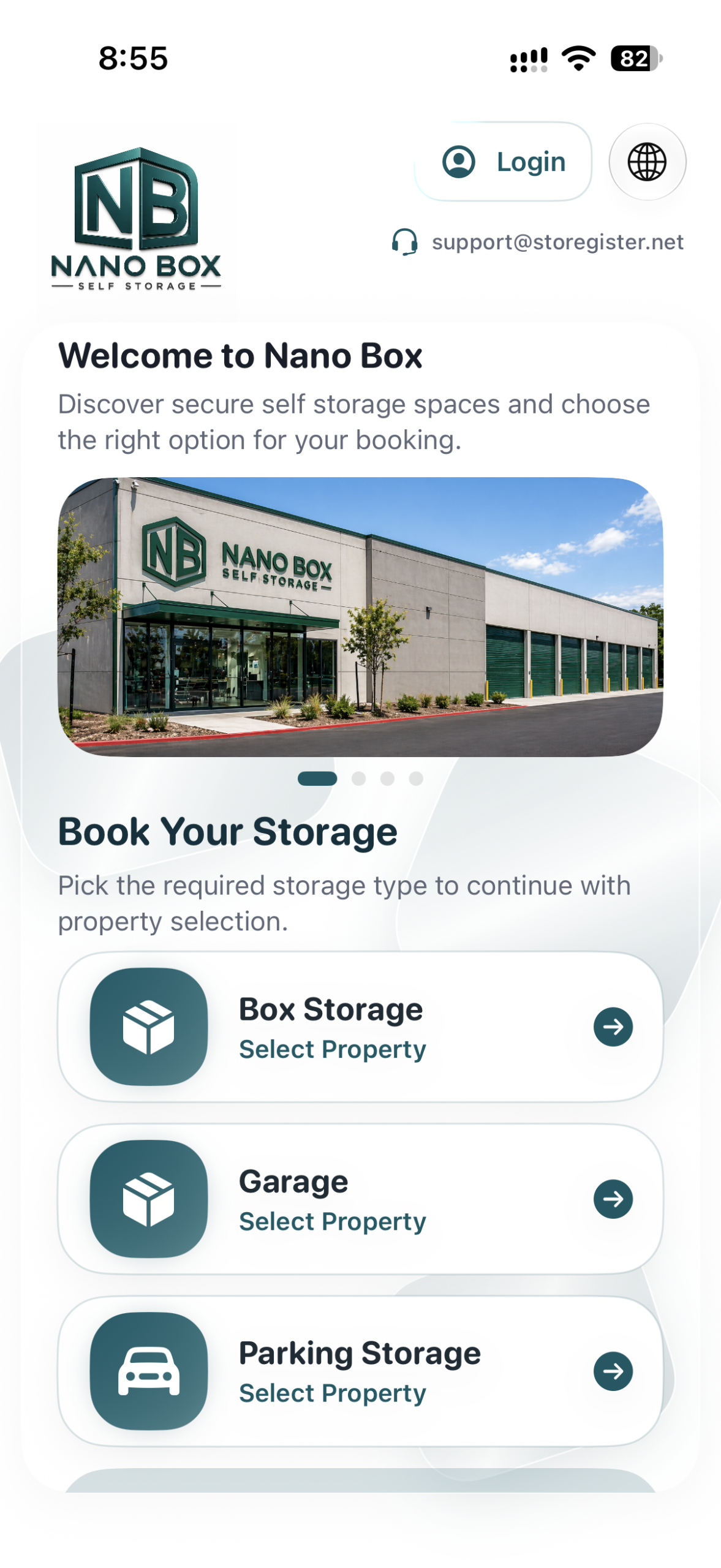 Nano Box mobile demo showing Box Storage, Garage and Parking Storage