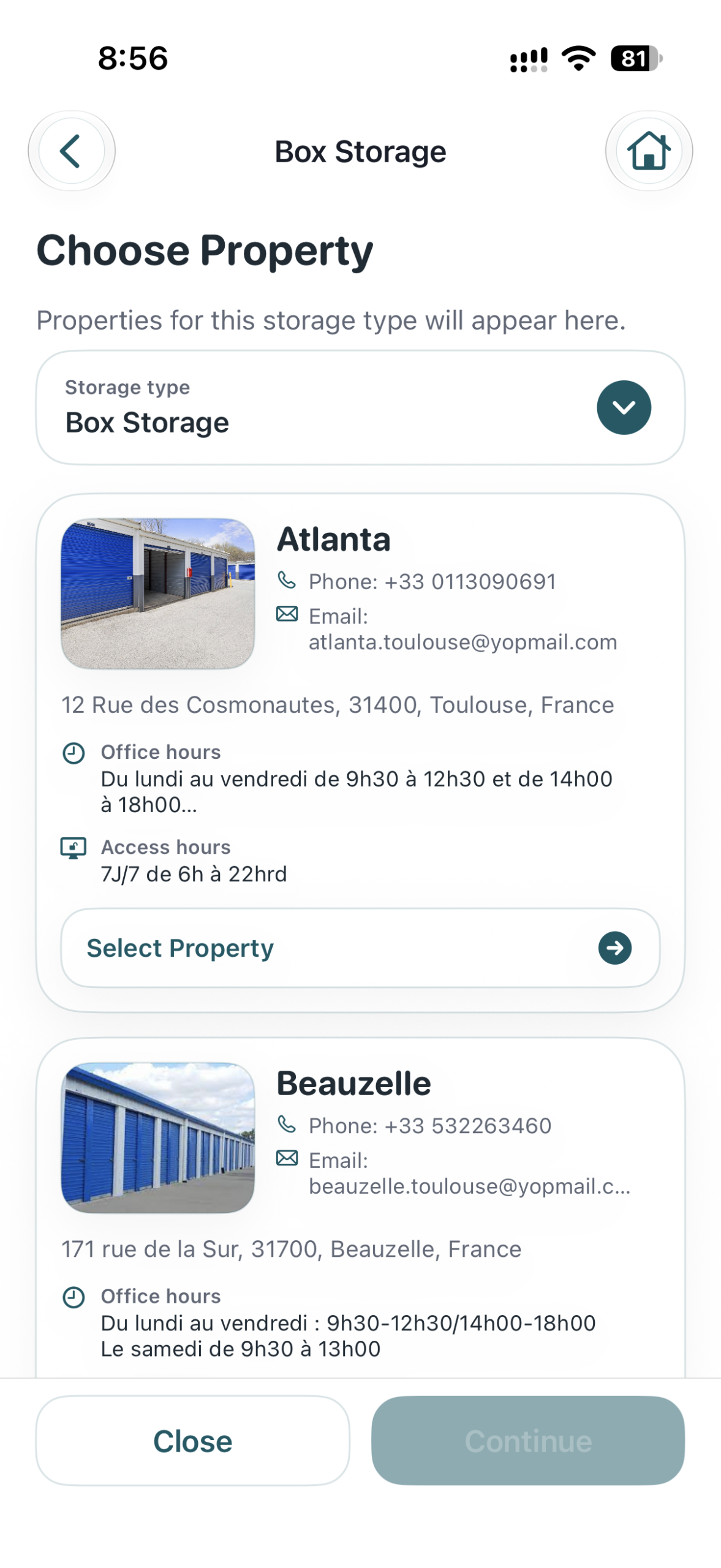 Nano Box demonstration property-selection screen